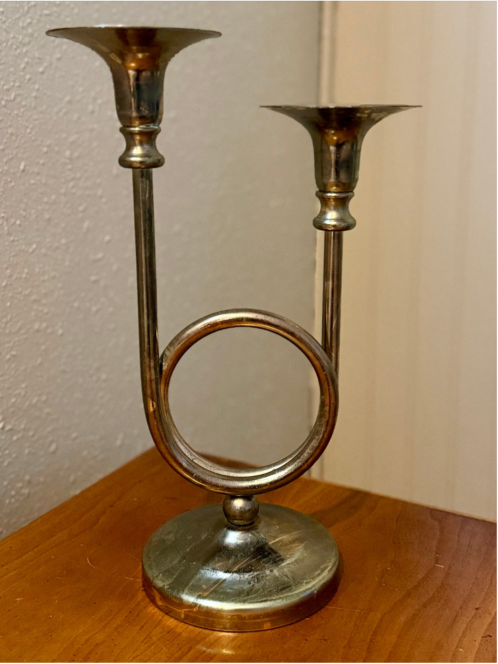 Vintage Solid Brass Double Candlestick Holder Loop Center Horn Design